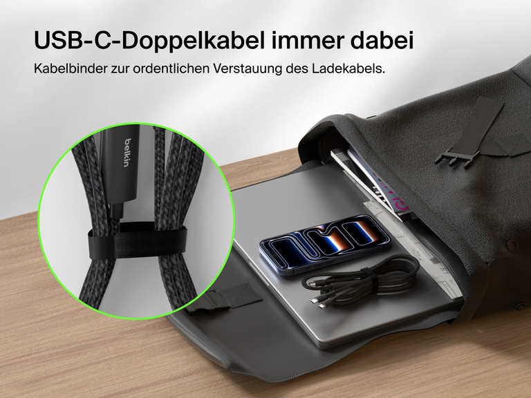 Das geflochtene Belkin BoostCharge Pro USB-C-Doppelkabel verf&uuml;gt &uuml;ber einen integrierten Kabelbinder, womit es bequem kompakt verstaut werden kann, und liefert bis zu 140&nbsp;W zum Laden unterwegs.